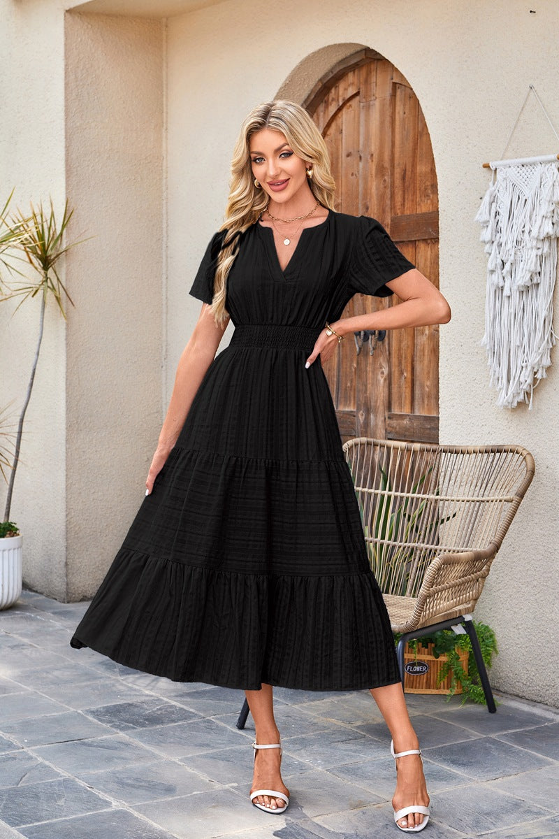 Cotton V-Neck Puff-Sleeve Maxi Dress