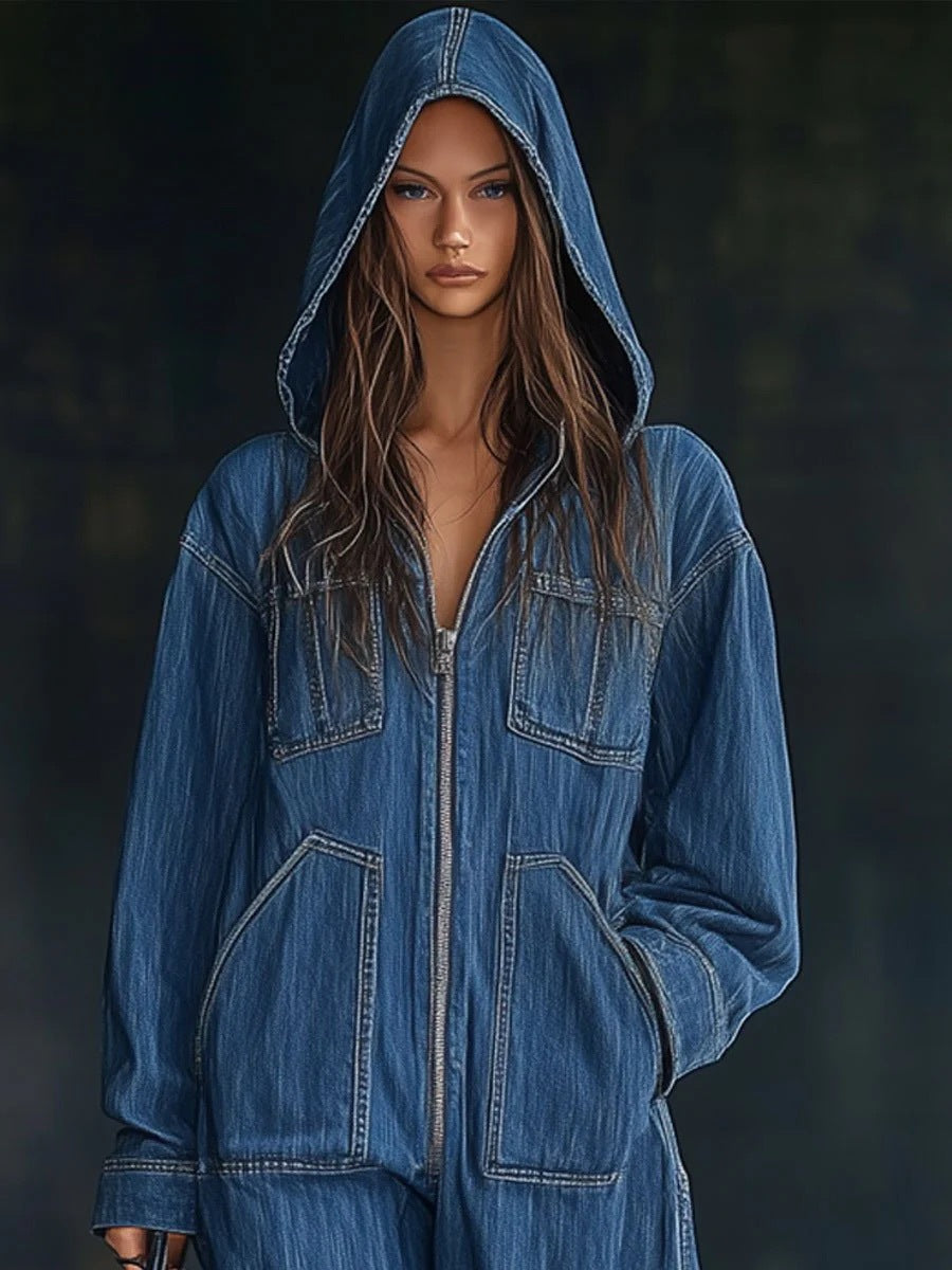 Hooded Zip-Front Relaxed Jumpsuit