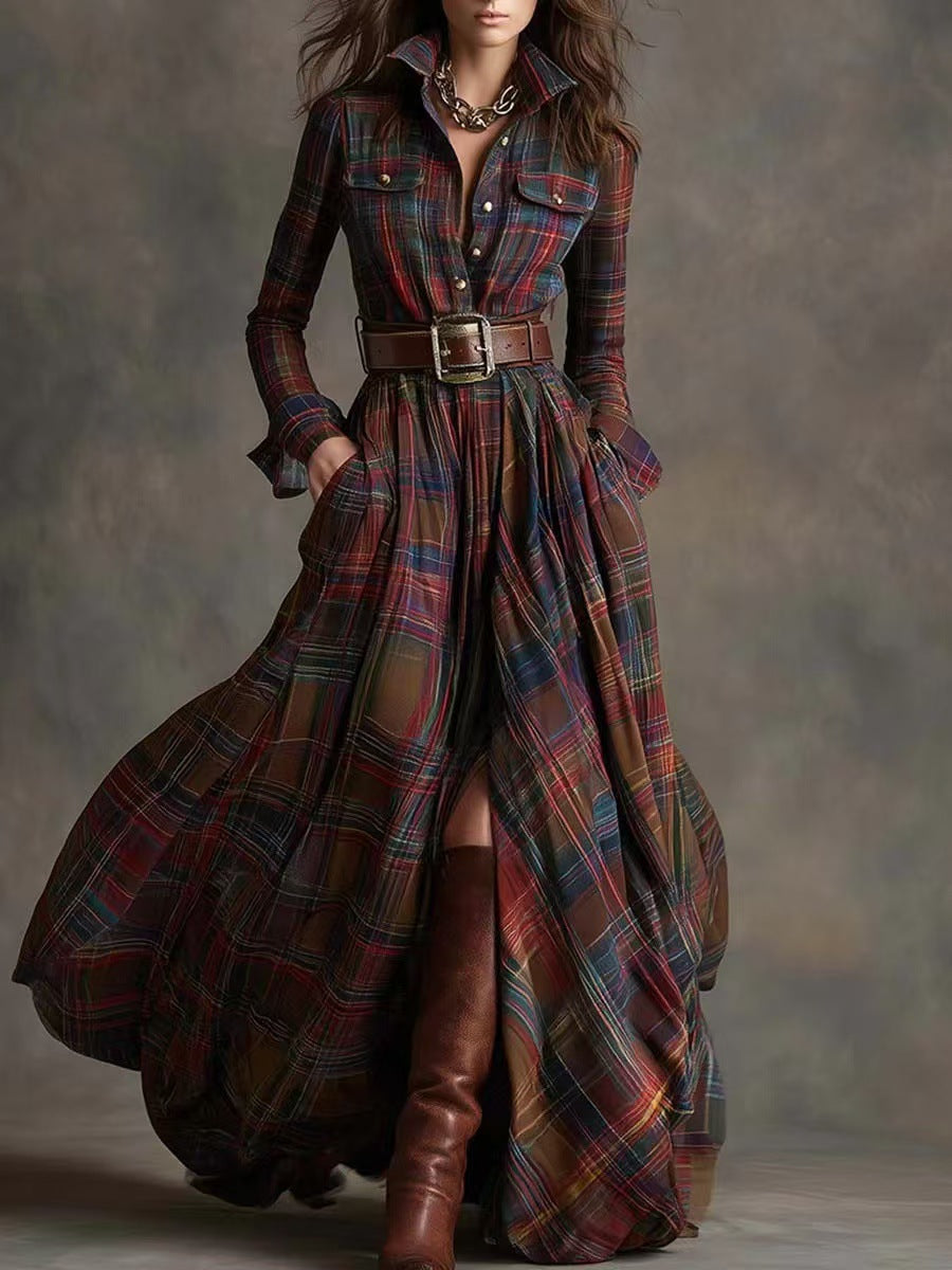 Asymmetric Plaid Long Dress