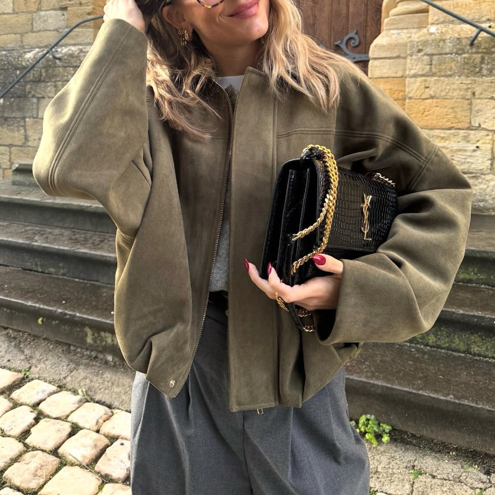 Suede-Look Relaxed Bomber Jacket