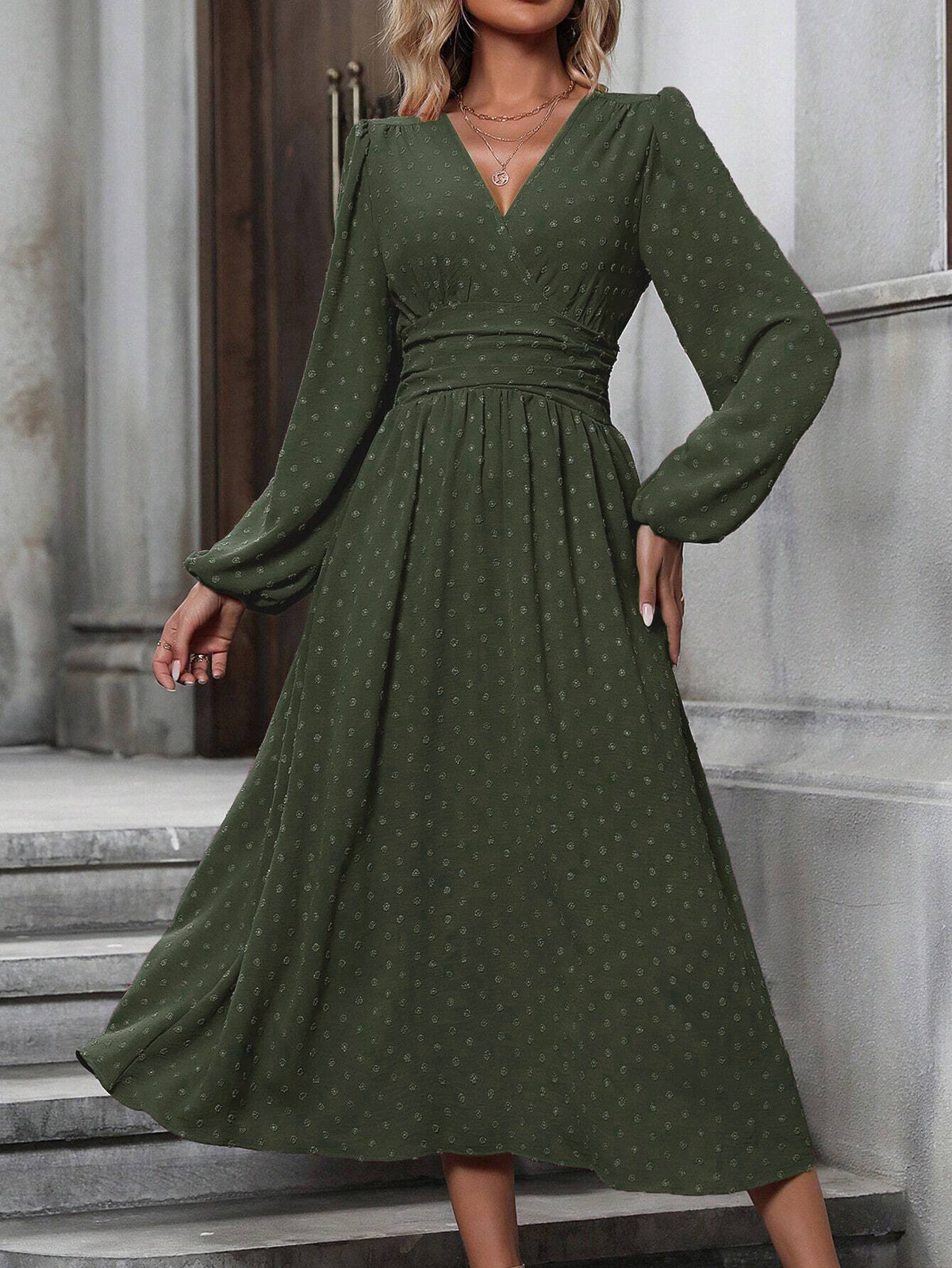 Pleated-Waist Lantern-Sleeve Maxi Dress