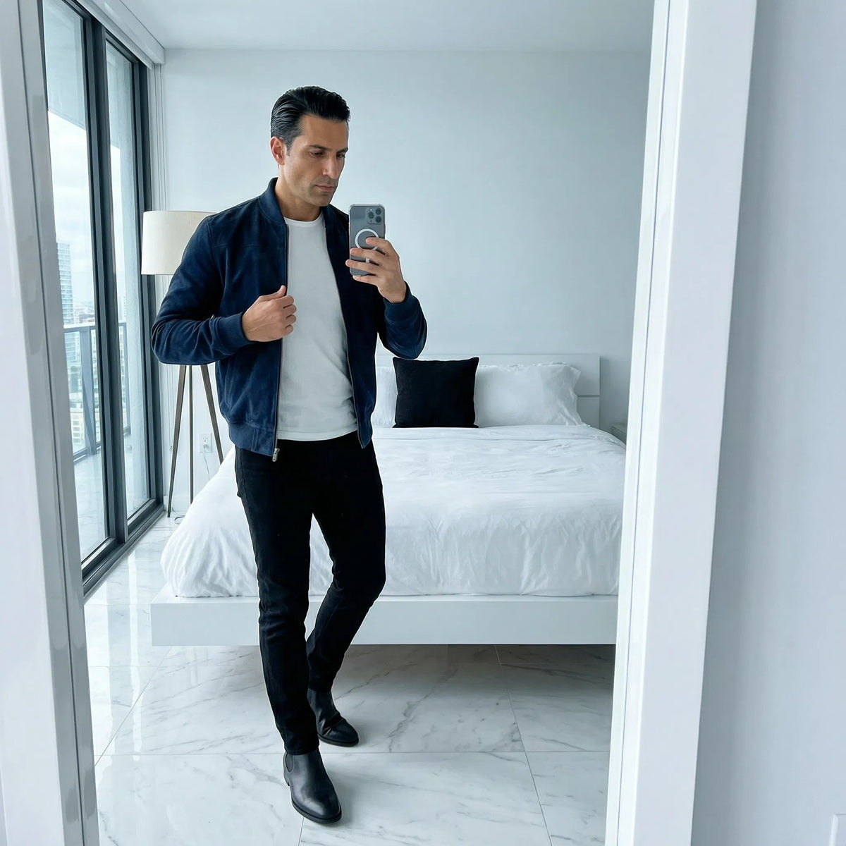 Suede Zip-Front Bomber Jacket