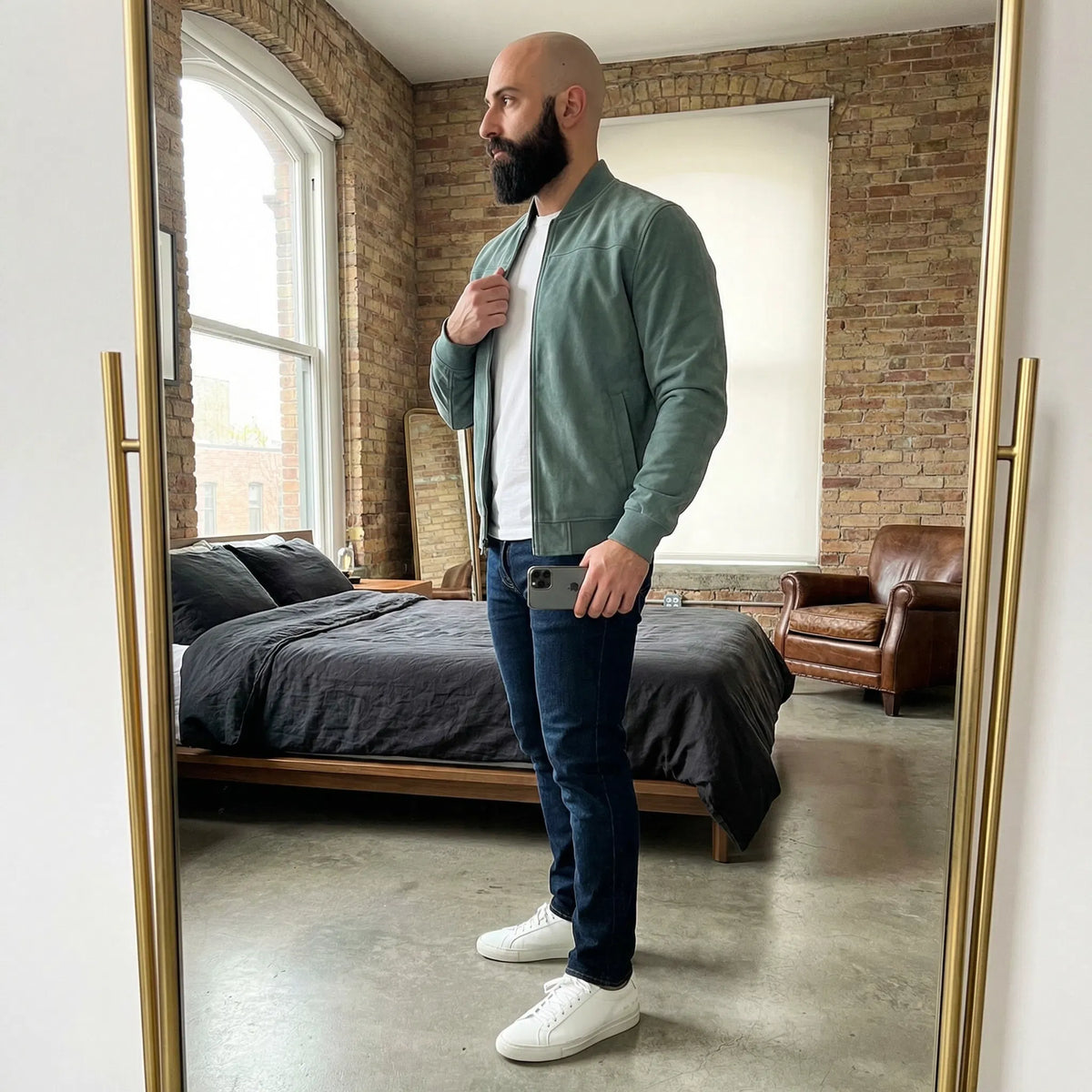 Suede Zip-Front Bomber Jacket